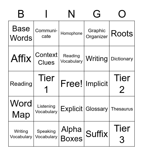 CECA 1 Vocabulary Buzz Word Bingo Card