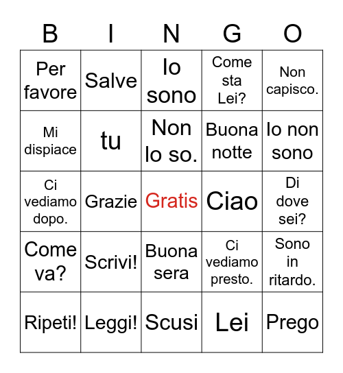 italiano 2 - Capitolo 1 Bingo Card