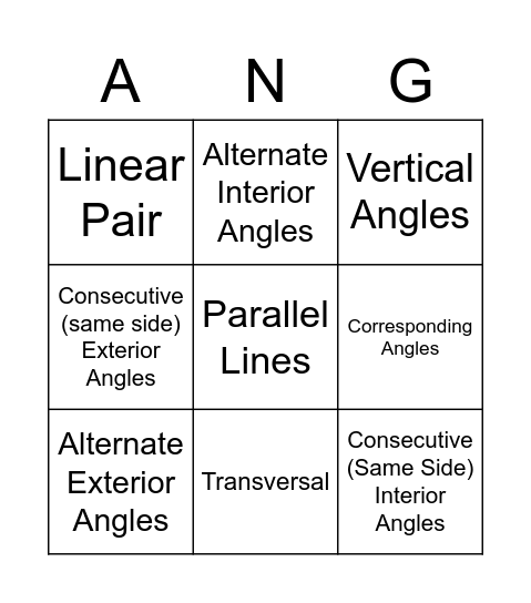 Angle Pair Relationships Bingo Card