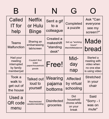 Remote Work Bingo Card