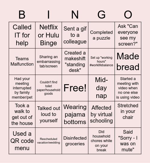 Remote Work Bingo Card