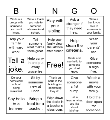 Random Acts of Kindness Bingo Card