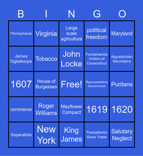 Unit 2: Colonial America Bingo Card