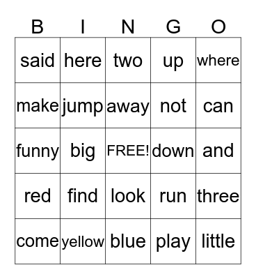 Preprimer Bingo Card