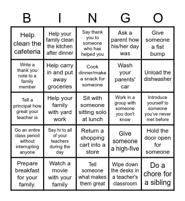 Coach Waters' Kindness Bingo Card