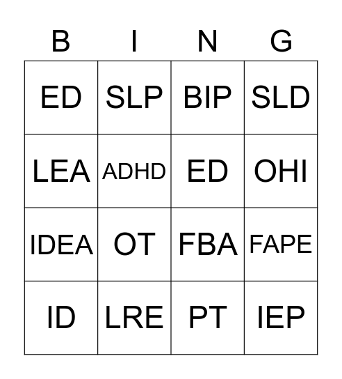 Special Ed Acronym Bingo Card