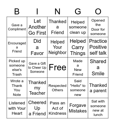 Random Acts of Kindness Bingo Card