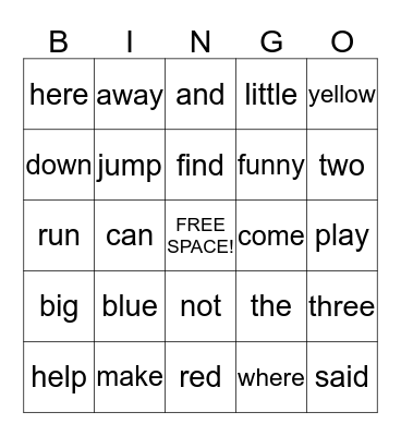 Preprimer Bingo Card