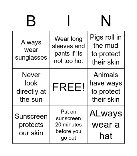 Sun Safety Bingo Card