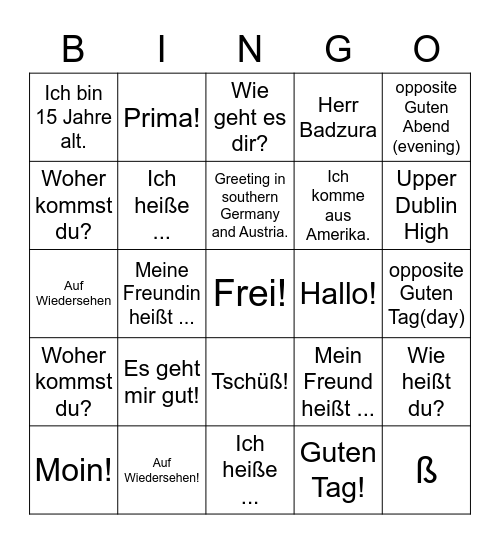 Hallo, Deutsch Klasse! Bingo Card