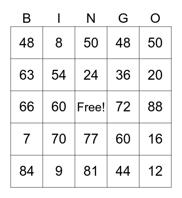 Multiplication Bingo Card