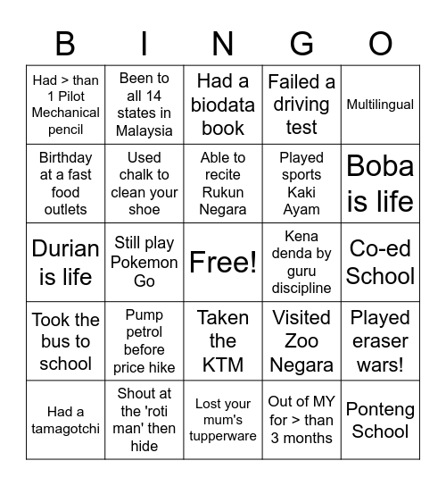 Malaysian Bingo Card