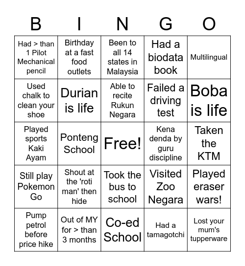 Malaysian Bingo Card