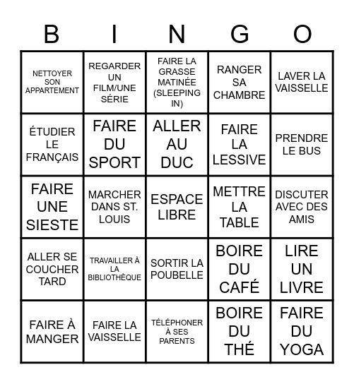 ACTIVITÉS DE LA SEMAINE Bingo Card