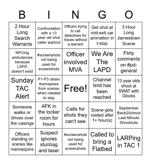 GTA World LSPD Bingo! Bingo Card