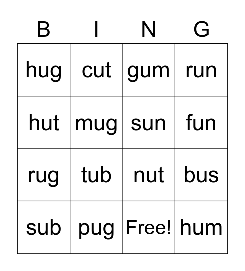 Short U Bingo Card