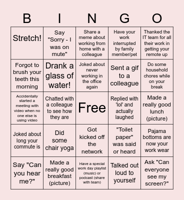 Remote Work Bingo Card