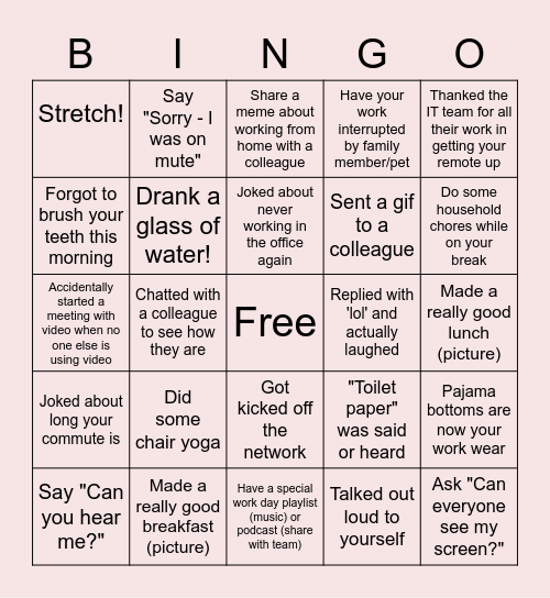 Remote Work Bingo Card