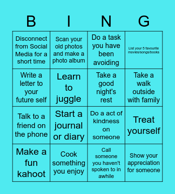 Self-Care Daily Challenge Bingo Card