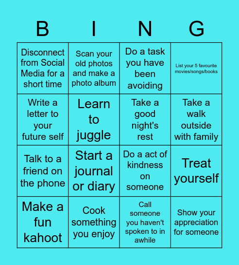 Self-Care Daily Challenge Bingo Card