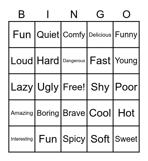 Adjectives Bingo Card