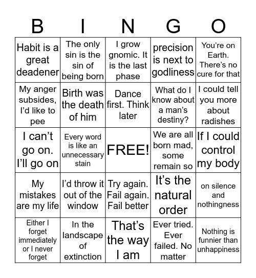 Samuel Beckett's Quotes Bingo Card