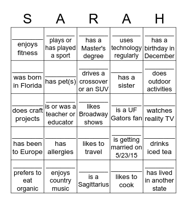 All About Sarah Bingo Card