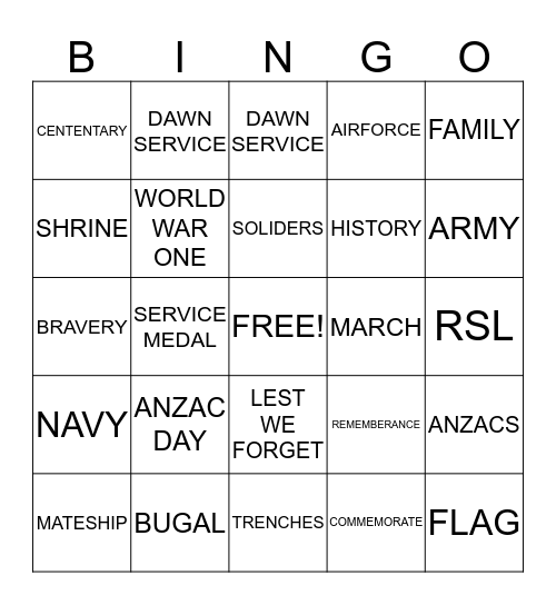 ANZAC DAY Bingo Card