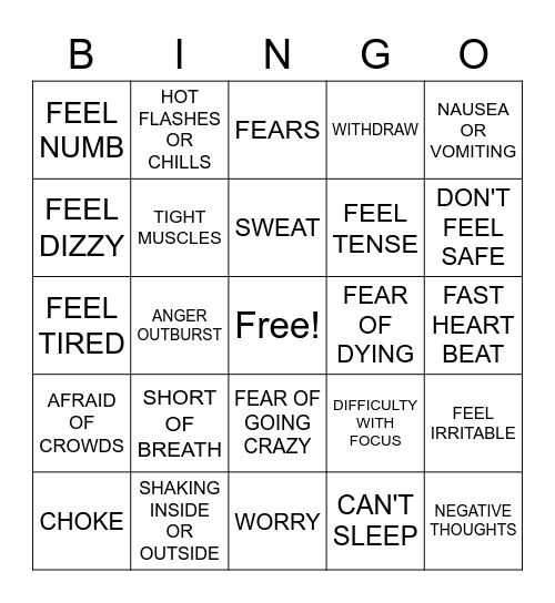 ANXIETY SYMPTOMS BINGO Card