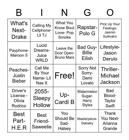 Song Title Bingo Card