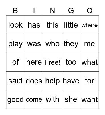 Sight Words Bingo Card