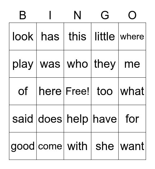 Sight Words Bingo Card