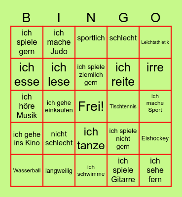 Freizeit Bingo Card