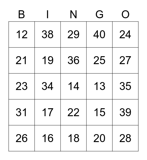 Numbers from 10 to 40 Bingo Card
