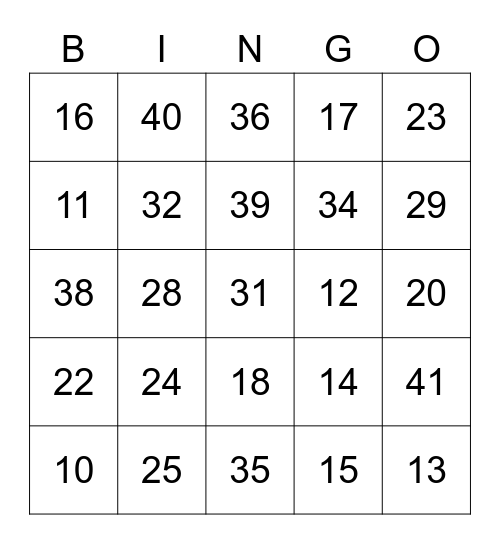 Numbers from 10 to 41 Bingo Card