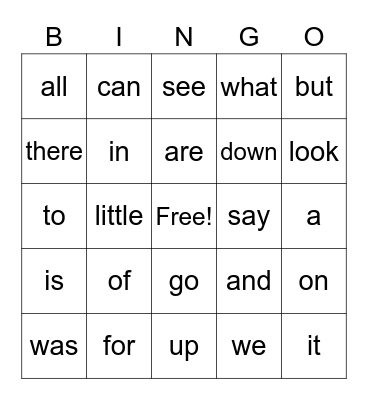 Sight Words Bingo Card