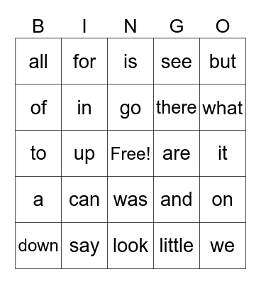 Sight Words Bingo Card