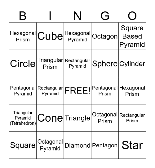 3D Shape Match Bingo Card