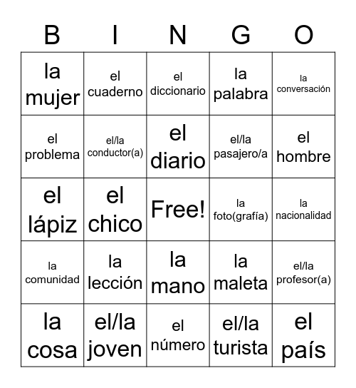 Sustantivos Bingo Card