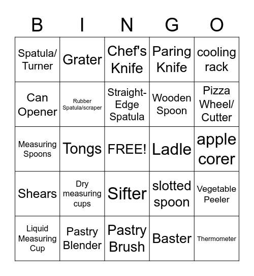 Kitchen Utensils Bingo Card