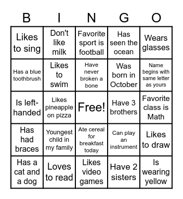 Getting To Know You Bingo Card