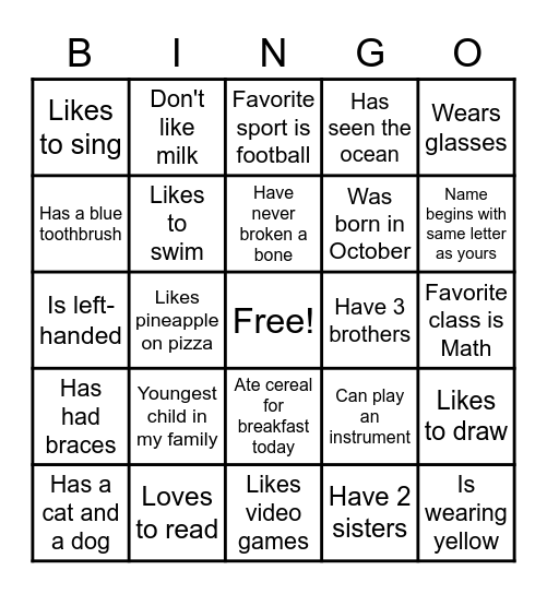 Getting To Know You Bingo Card