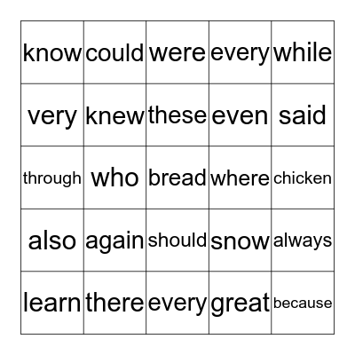 sight words Bingo Card