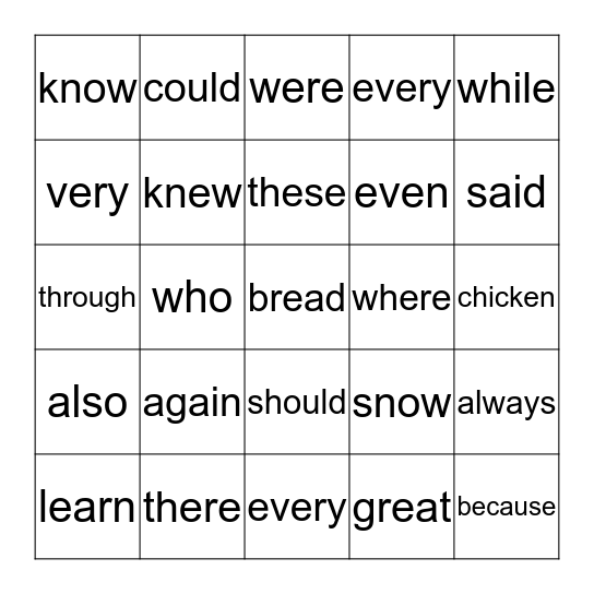 sight words Bingo Card