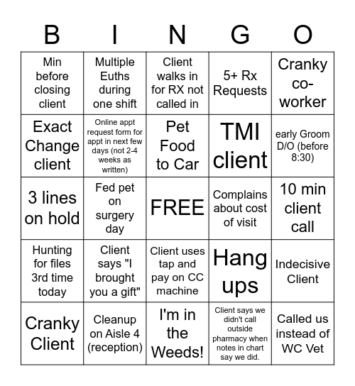 Receptionist Bingo Card