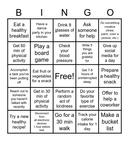 Wellness Bingo Card