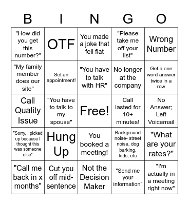 Cold Call Bingo Card