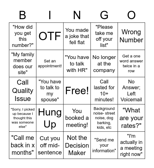 Cold Call Bingo Card