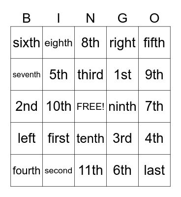 Ordinal Numbers Bingo Card