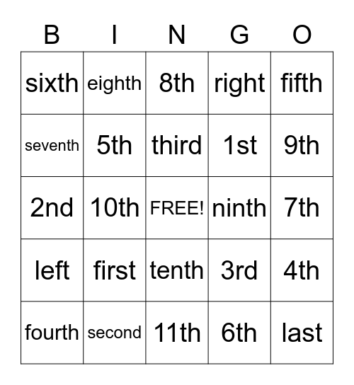 Ordinal Numbers Bingo Card